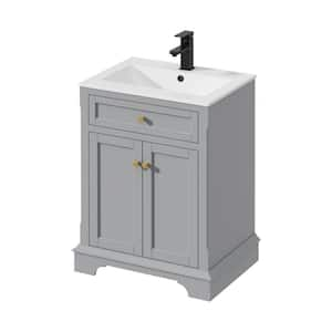 24 in. W x 18.7 in. D x 34 in. H 1-Sink Freestanding Bath Vanity in Gray With White Ceramic Top and Drain Faucet Set