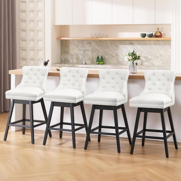 26 in. White Faux Leather Upholstered Solid Wood Frame Counter Height Swivel Counter Stool (Set of 4)