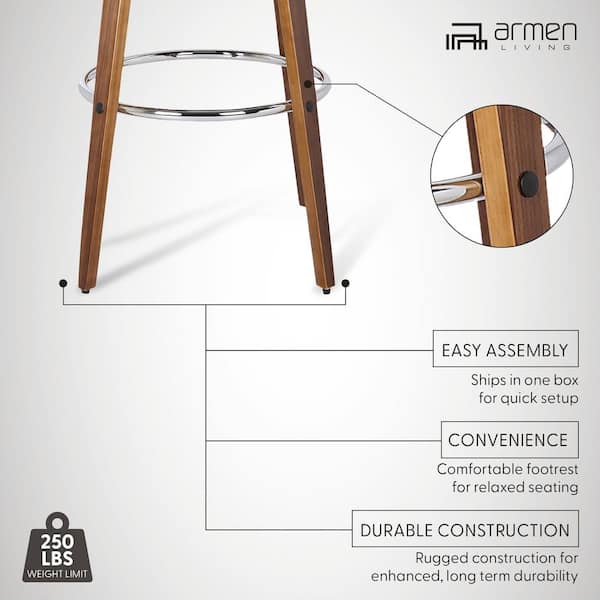 Armen Living Sonia 26 in. Bar Stool in Walnut Wood with Brown Pu