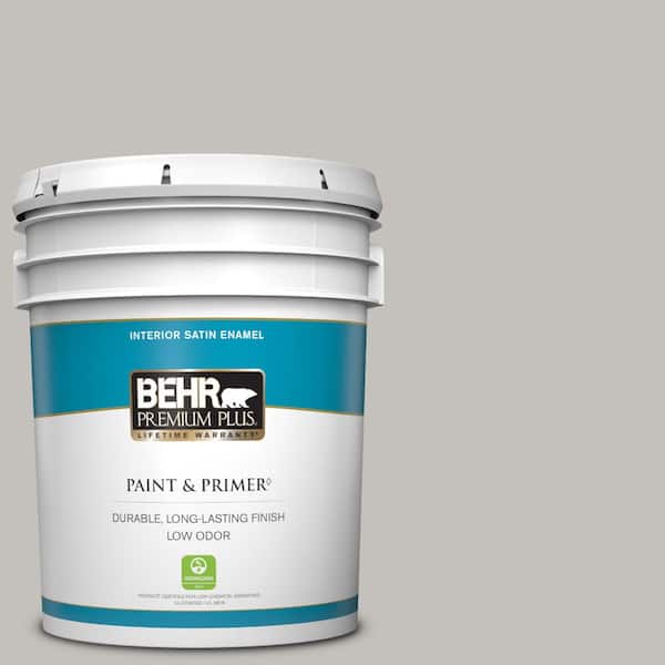 BEHR PREMIUM PLUS 5 gal. #PPU18-10 Natural Gray Satin Enamel Low Odor Interior Paint & Primer