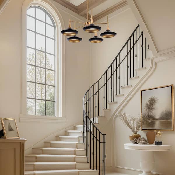Contemporary Black Mid Century Chandelier with Metal Barn Shades Plating Brass/Gold Accent 5-Light Modern Large Pendant