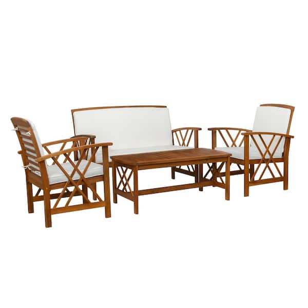 Linon Home Decor Joni Outdoor Brown 4-Piece Acacia Wood Patio Conversation Seating Set