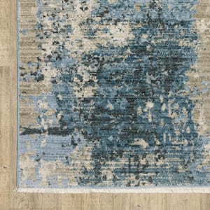 Blue Grey Ivory Light Blue and Dark Blue Abstract 2 ft. x 8 ft. Power Loom Stain Resistant Fringe with Runner Rug