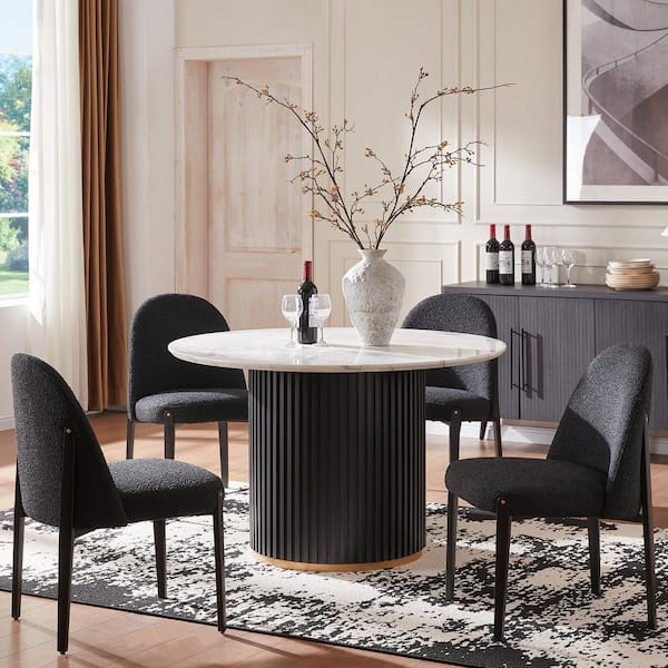 Morden Fort Glam 5-Piece Wood Round Dining Table with Black Boucle Chairs Metal Legs Dining Room Set for Kitchen