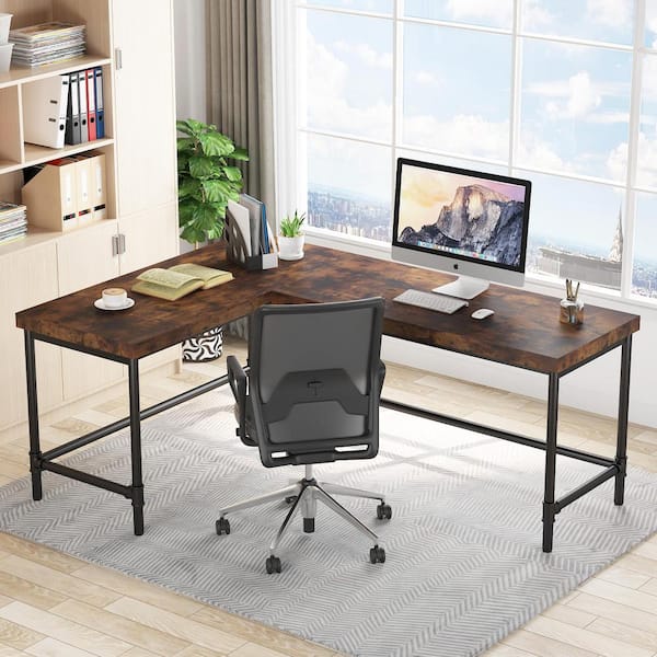BYBLIGHT Havrvin 67 in. L-Shaped Rustic Brown Wood Computer Desk,  Industrial Reversible Corner Office Desk PC Laptop Study Table BB-F1322XF -  The Home Depot