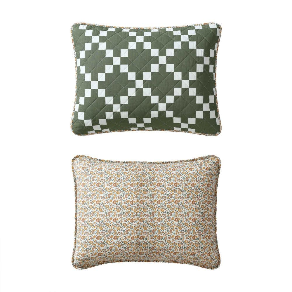Twin Green and White Cotton Reversible Quilt Set