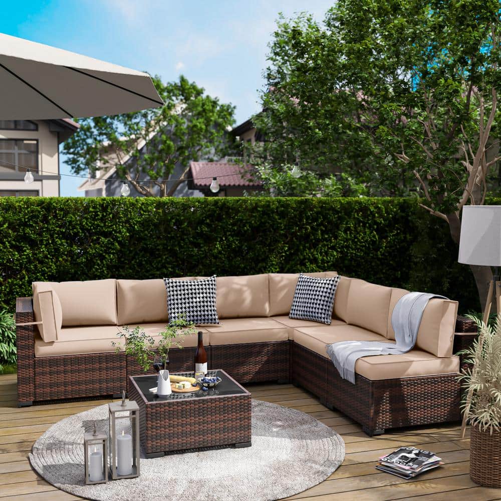 Brown 7-Piece Wicker Patio Conversation Set with Beige Cushions price history on PriceWatchPro