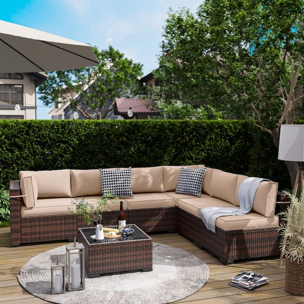 ELPOSUN Brown 7-Piece Wicker Patio Conversation Set with Beige Cushions