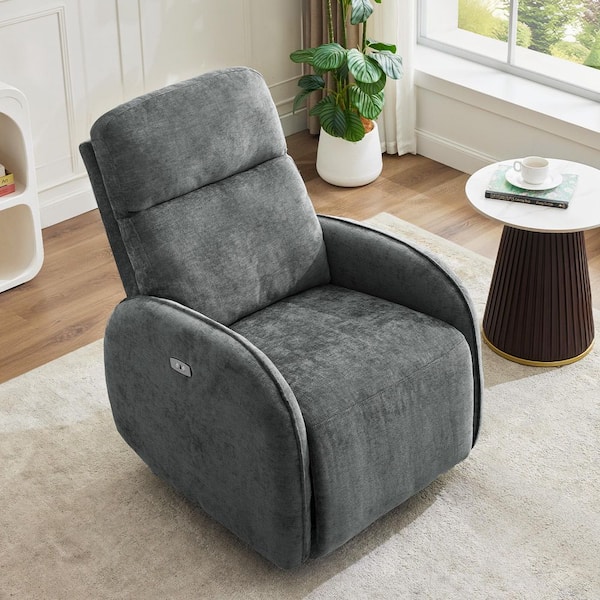 Chenille Gray 3-Position Swivel Power Nursery Recliner with USB and Induction Light Strip for Living Room