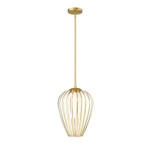 Savanti 12 in. 1-Light Modern Gold Shaded Pendant Light with White Opal Glass Shade, No Bulbs Included
