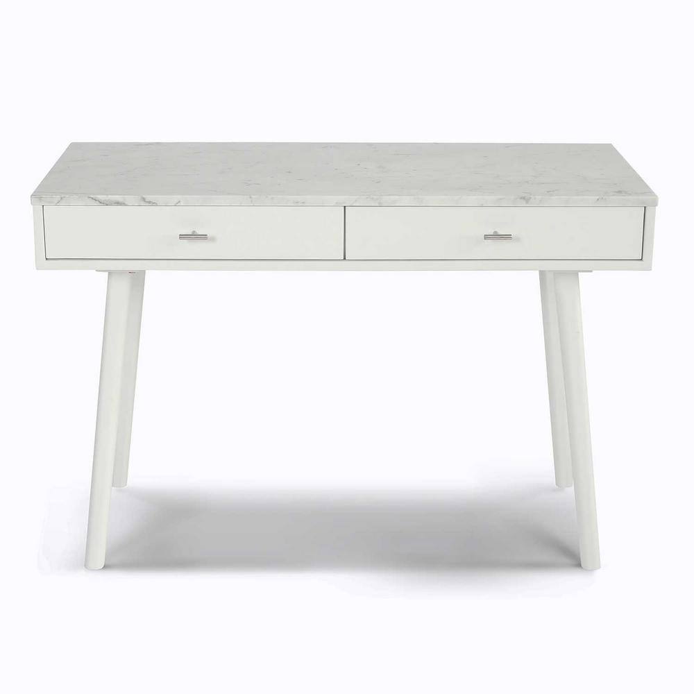 Viola 44 in. Rectangular Carrara White Wood 2-Drawer Writing Desk with Whit