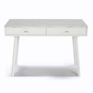 Viola 44 in. Rectangular Carrara White Wood 2-Drawer Writing Desk with White Legs and Marble Top