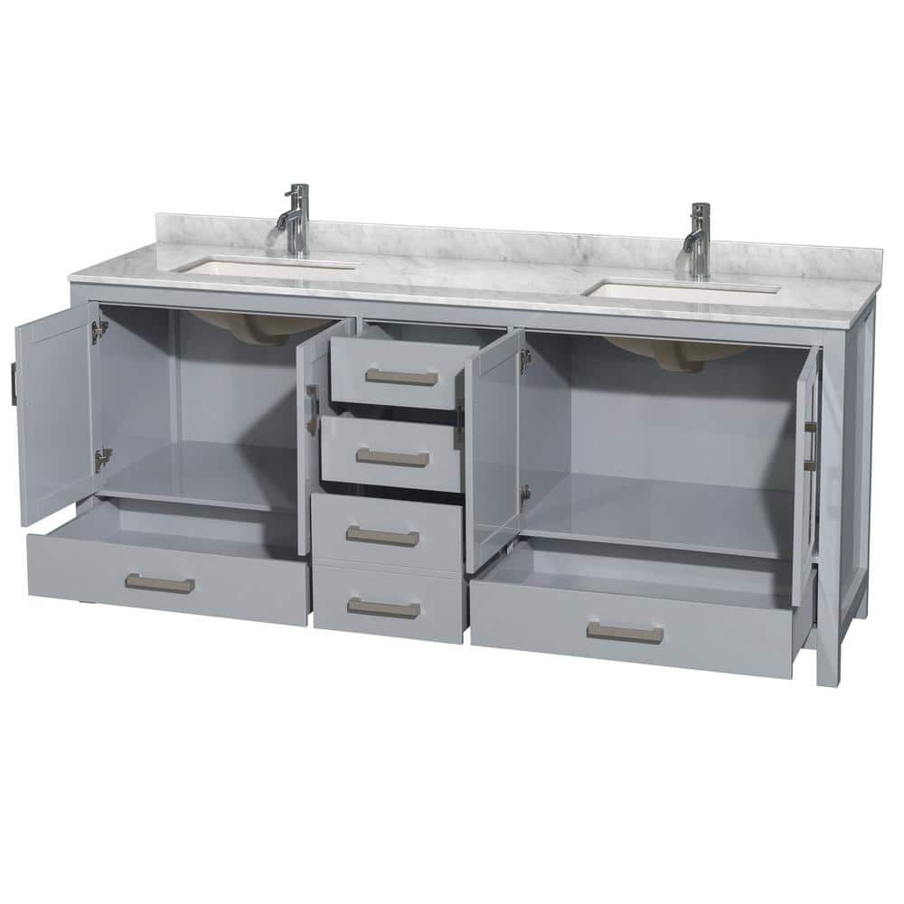 Sheffield 80'' Gray Solid Wood Double Bathroom Vanity with White Marble Top