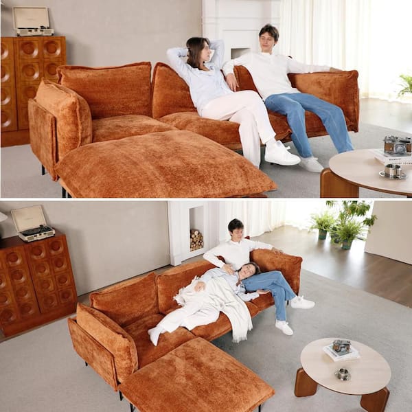 Robot Vacuum Friendly 111 in. Tapered Arm Velvet Modular Sectional Sofa Couch with Ottoman, Metal High Legs in Orange