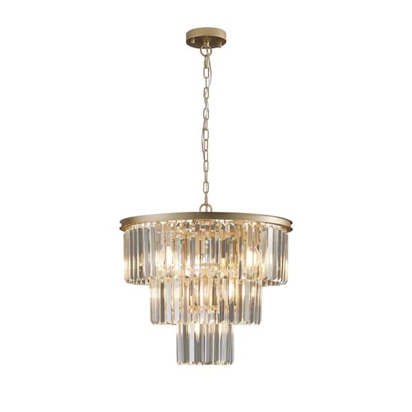 PUDO 19.70 in. 11-Light Chandelier with 3 Layers of Gold Crystal Shade with Adjustable Height