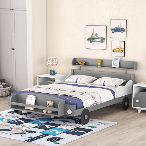 Harper & Bright Designs Gray Full Size Car-Shaped Platform Bed with Storage Shelves