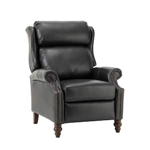 Medusaeus Black Genuine Leather Manual Recliner with Solid Wood Legs