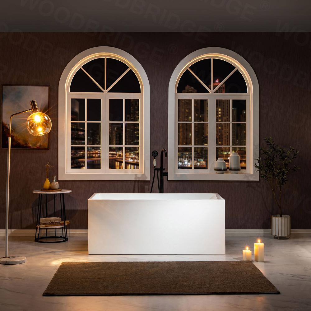 67'' White Acrylic Freestanding Rectangular Bathtub with Matte Black Trim