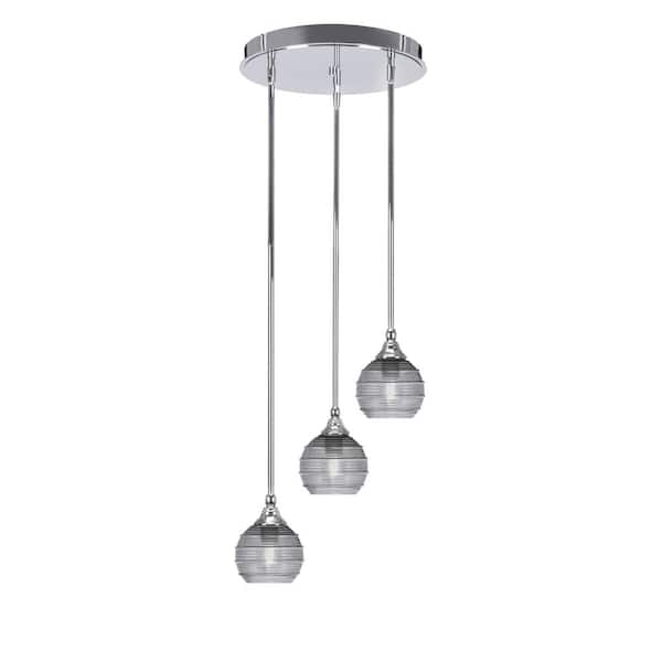 Unbranded Villa 60-Watt 14.75 in. 3 Light Chrome Stem Pendant Light with 6 in. Smoke Ribbed Glass Shade, No bulbs included