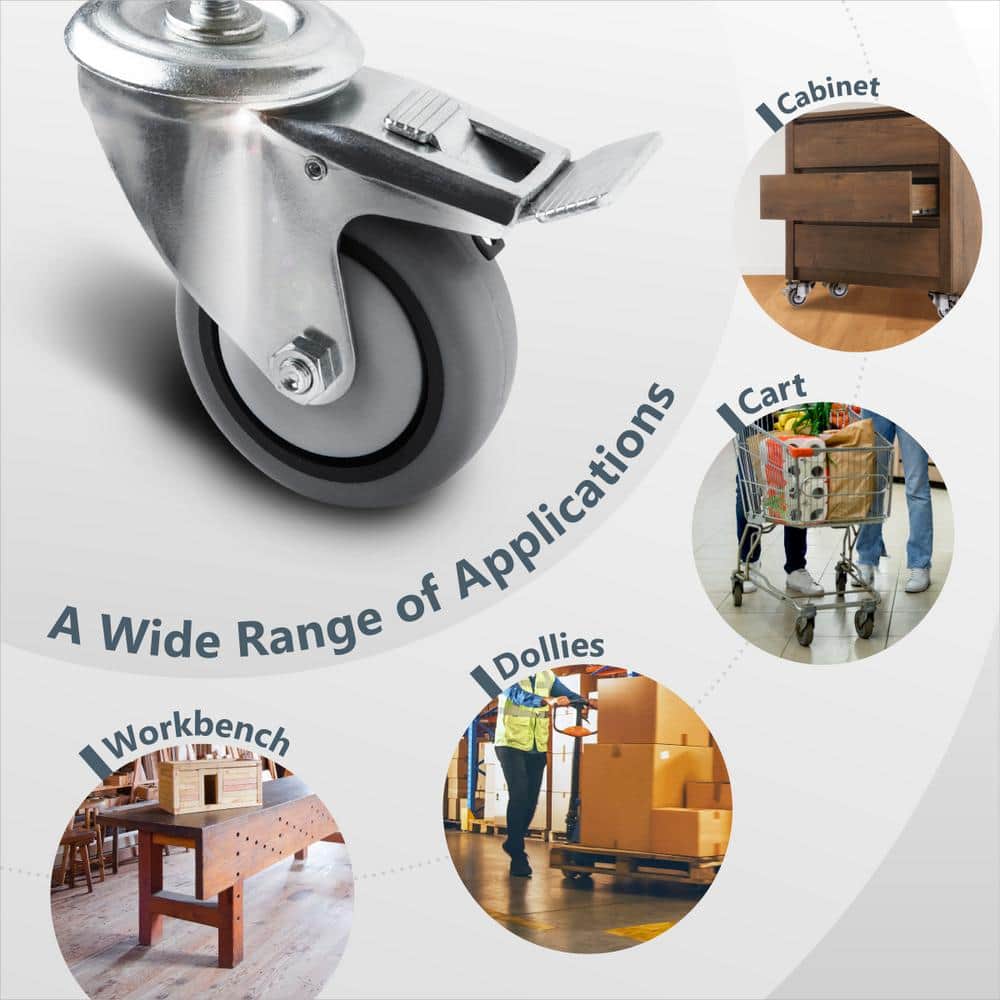 POWERTEC 3" Gray TPR Dual Locking Swivel Caster Wheels, Set of 4