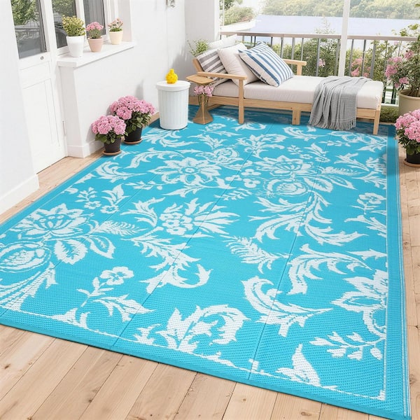 Light Blue and White 8 x 10 ft. Waterproof Outdoor Area Rug, Floral Large Plastic Area Rug for Camping, Backyard, Picnic