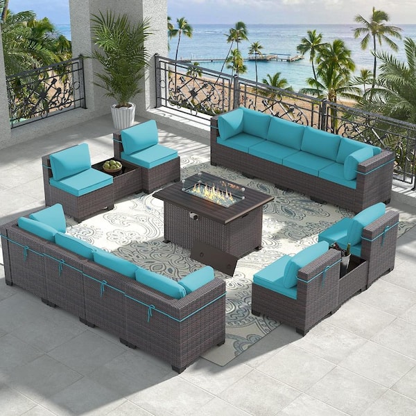Halmuz 15-Piece Wicker Patio Conversation Set with 55000 BTU Gas Fire Pit Table and Glass Coffee Table and Cushions Blue