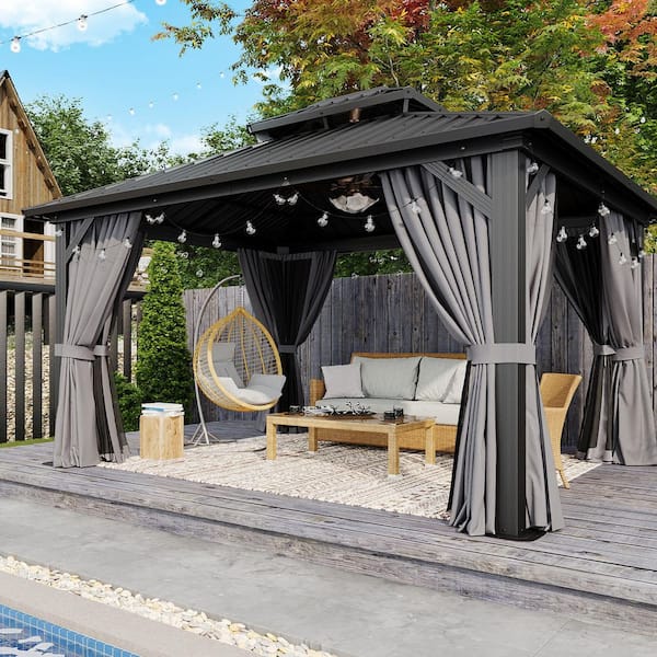 14 ft. x 12 ft. Outdoor Galvanized Steel Double Roof Hardtop Gazebo with Aluminum Frame, Netting and Curtain for Patio