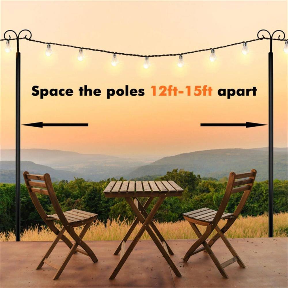 Black Steel Outdoor String Light Poles with Arc Hook and 5-Prong Base - 10 ft