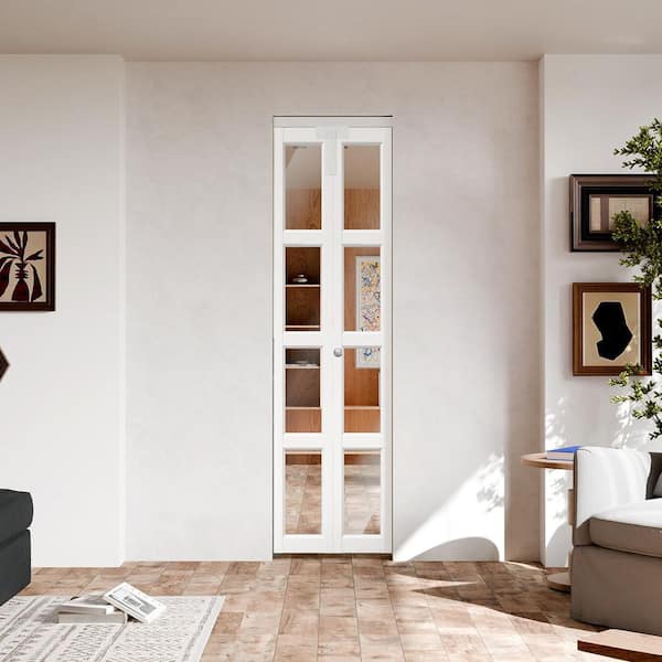 24 in. x 80 in. 4 Lite Mirrored Glass Solid Core White PVC Covering MDF Bi-fold Door with Locks and Handles