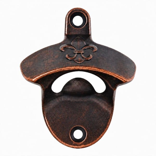 Antique Copper Fleur De Lis Magnetic Wall-Mounted Bottle Opener with Built-In Magnet Cap Catcher