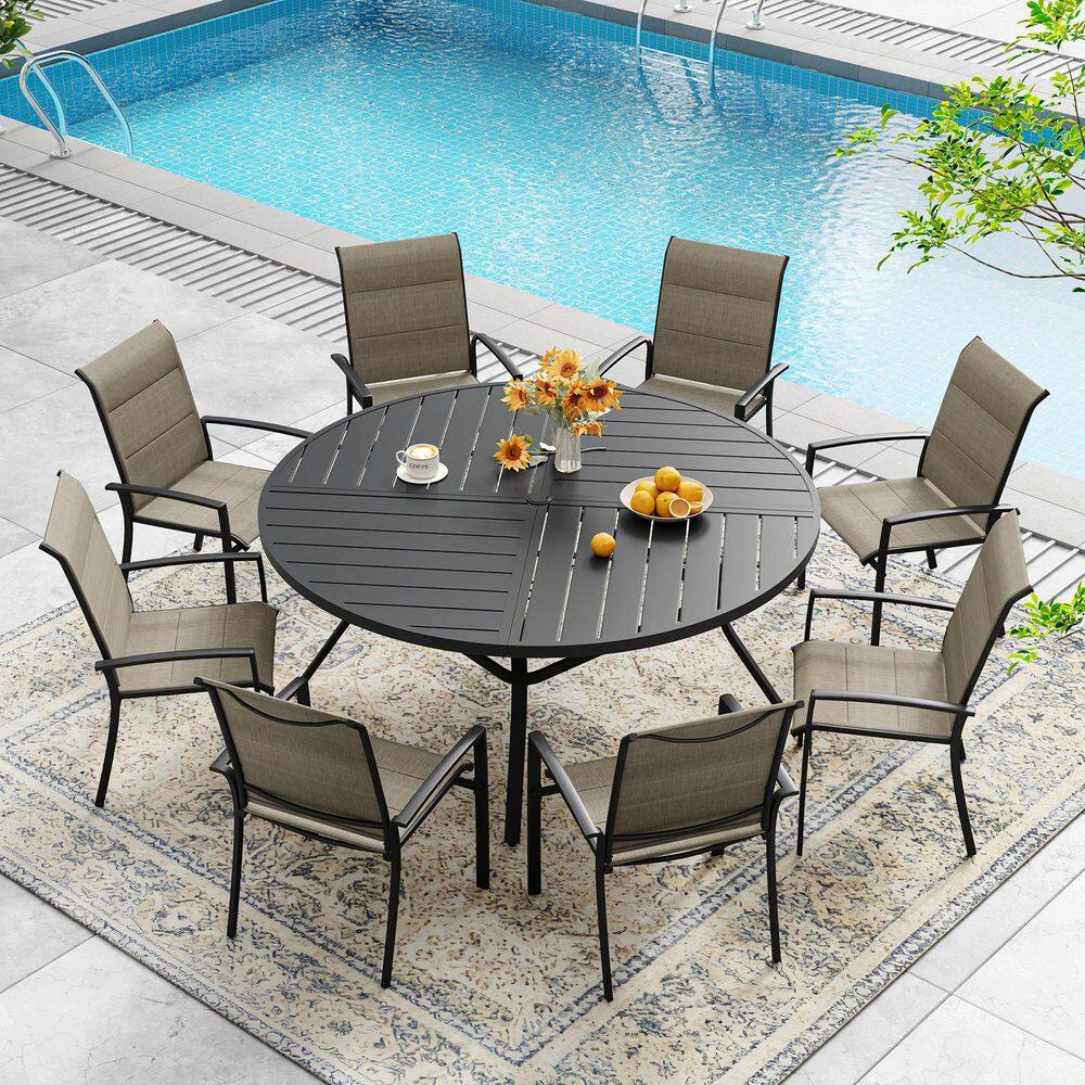 9 Piece Metal Outdoor Dining Set with 53.1 in. Black Round Table and 8 Brown Stackable Padded Textilene Dining Chairs price history on PriceWatchPro
