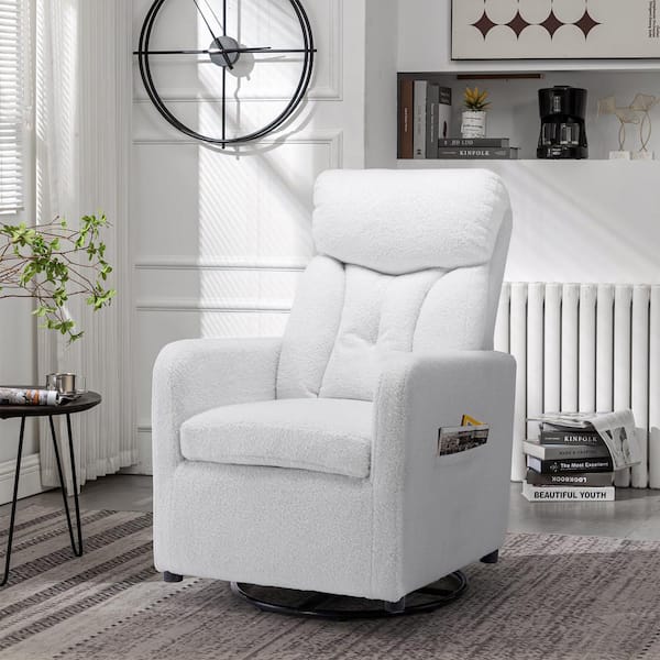 JUJABU White Teddy Fabric Swivel Rocking Chair Gilder Chair with Pocket for Living room
