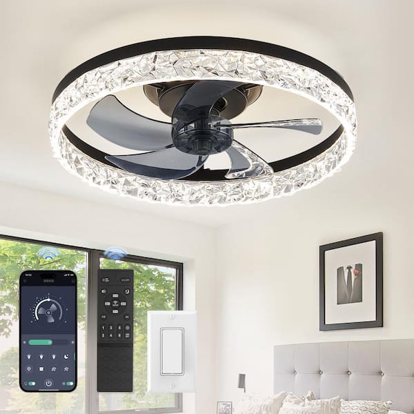 HINNIXY 20 in. Smart Indoor Matte Black Crystal Flush Mount Color
