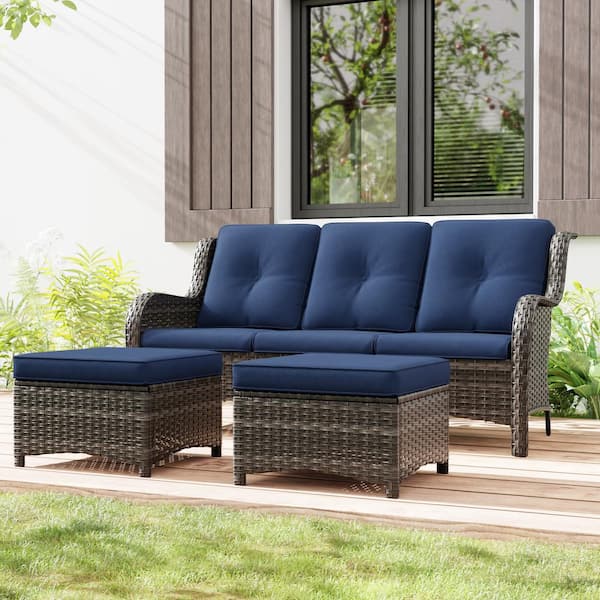 Wicker Outdoor Patio Sofa Sectional Set with Blue Cushions and Ottoman