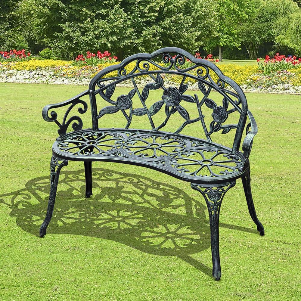 Antique Green Cast Aluminum Outdoor Bench with Floral Design