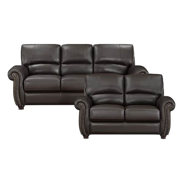 Lazzara Brennen 84 in. W Rolled Arm Leather Rectangle 2-Piece Living Room Sofa Set in. Dark Brown