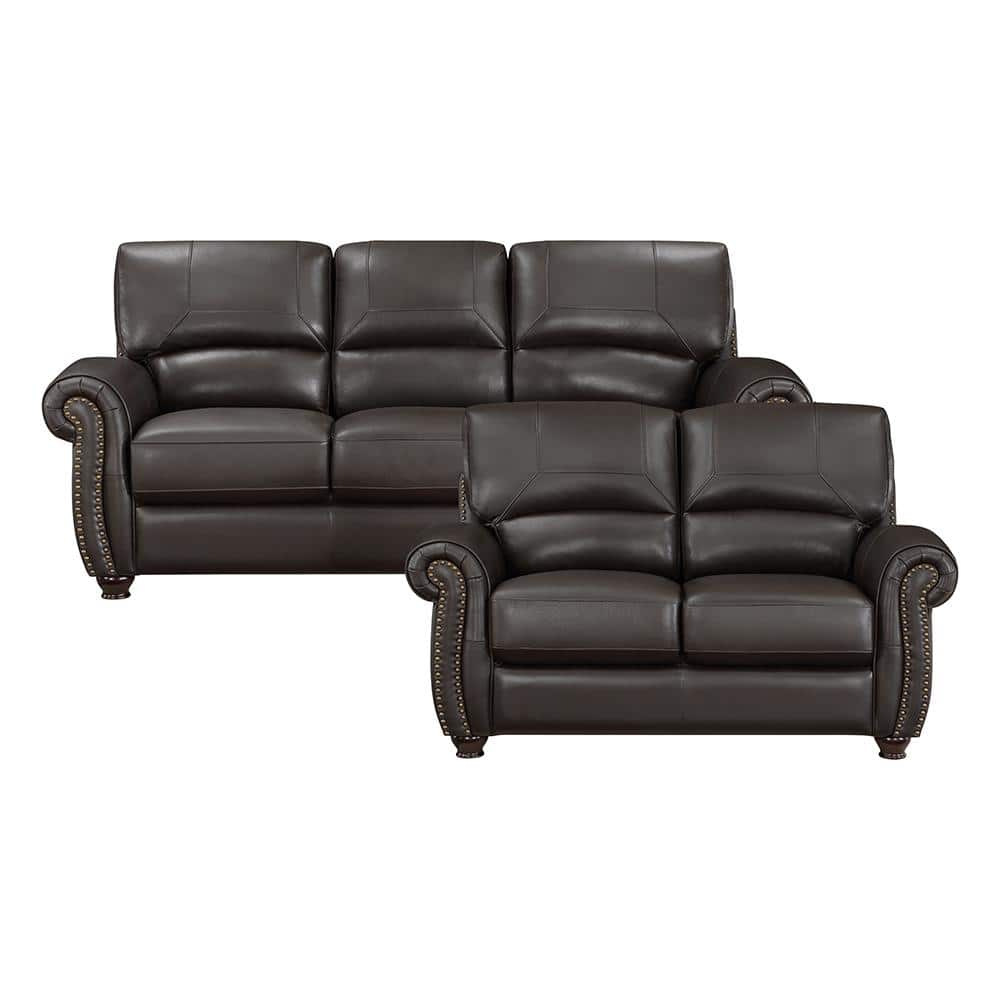 Brennen 84 in. W Rolled Arm Leather Rectangle 2-Piece Living Room Sofa Set in. Dark Brown