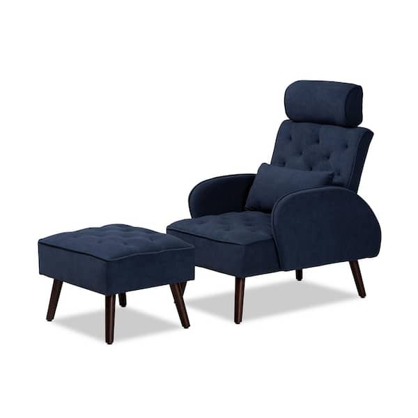 Baxton Studio Haldis Navy Blue and Walnut Brown Lounge Chair and Ottoman Set