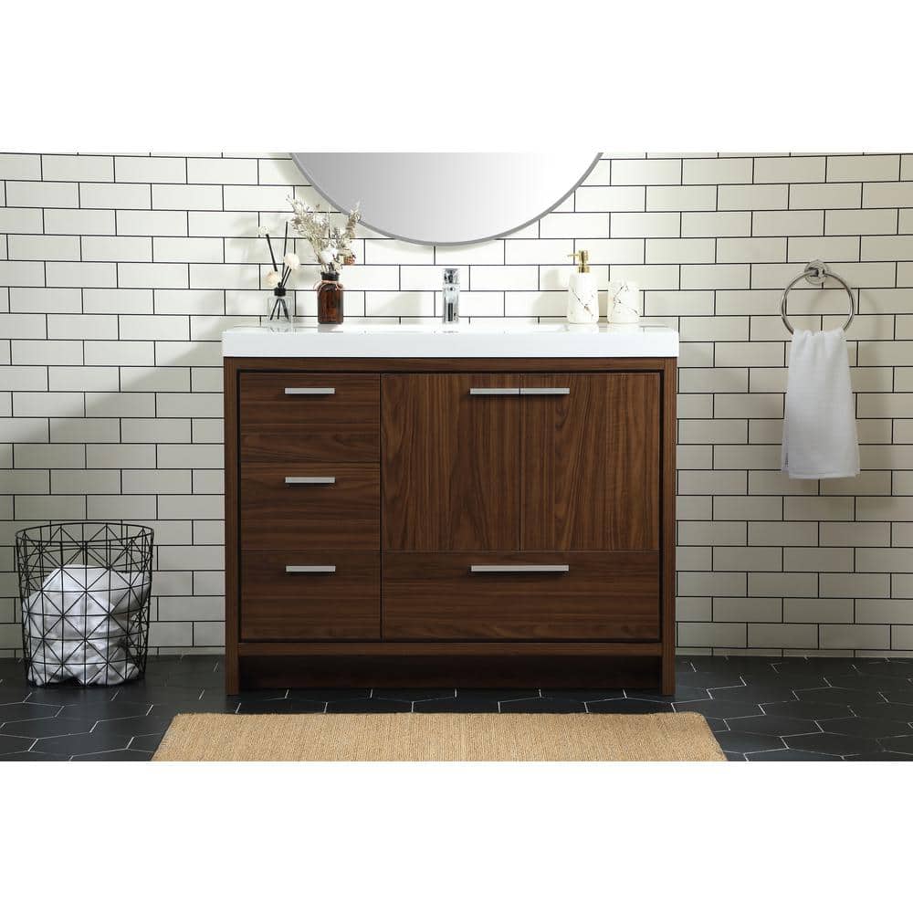 Walnut and White MDF Single Basin Vanity with Resin Sink