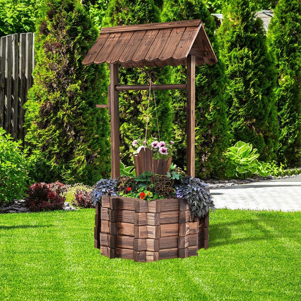 Rustic Fir Wood Outdoor Wishing Well Planter with Bucket