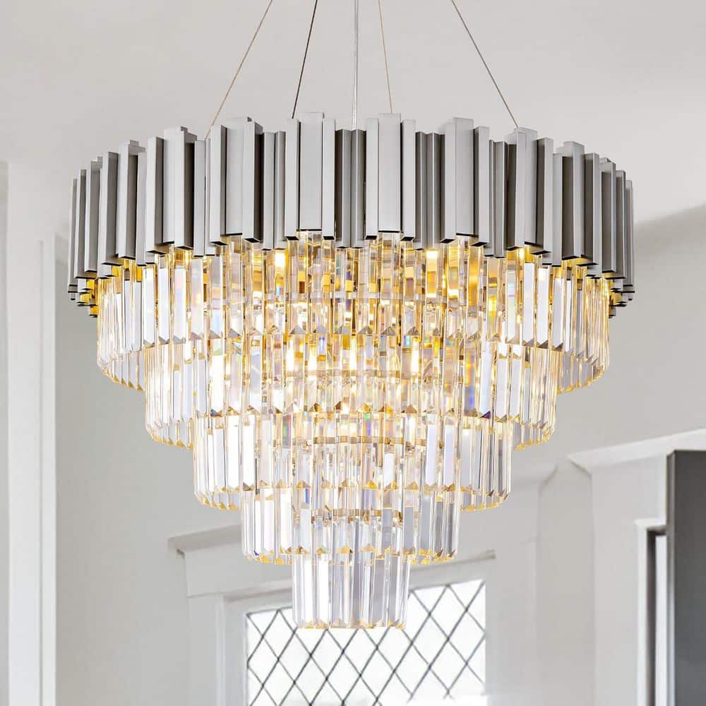 YUYI 27.5 in. 9-Light Luxury Silver Crystal Chandelier, 5-Tier