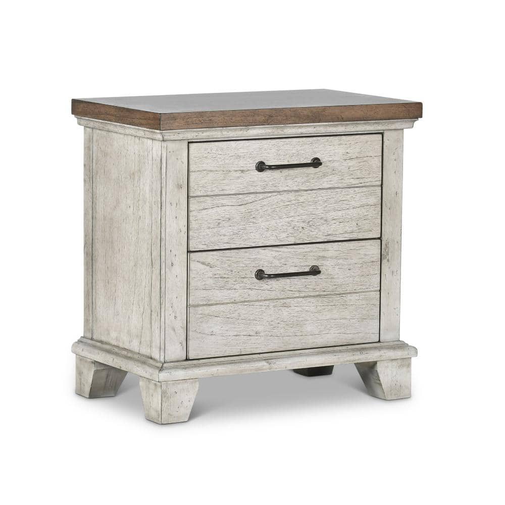 Rustic Ivory Farmhouse 2-Drawer Nightstand with Honey Accents