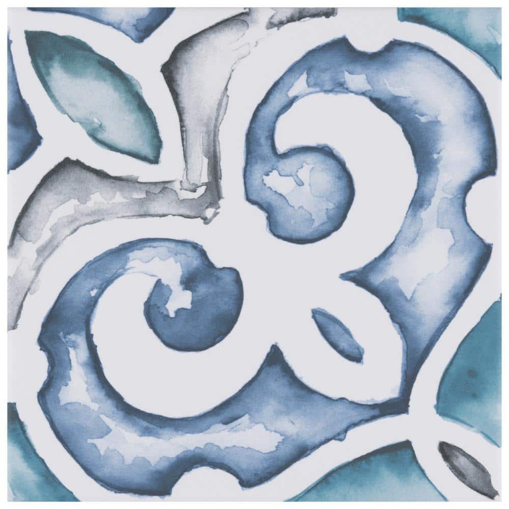Saint Germain 5.75" Blue and White Hand-Painted Porcelain Tile
