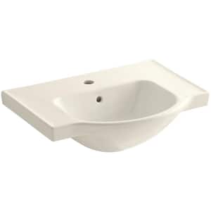 Veer 24 in. Vitreous China Pedestal Sink Basin in Biscuit with Overflow Drain