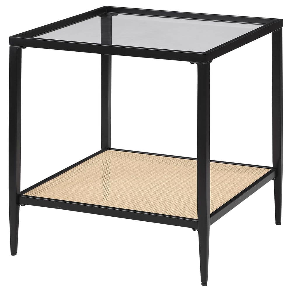 Black Metal and Glass Square End Table with Cane Shelf