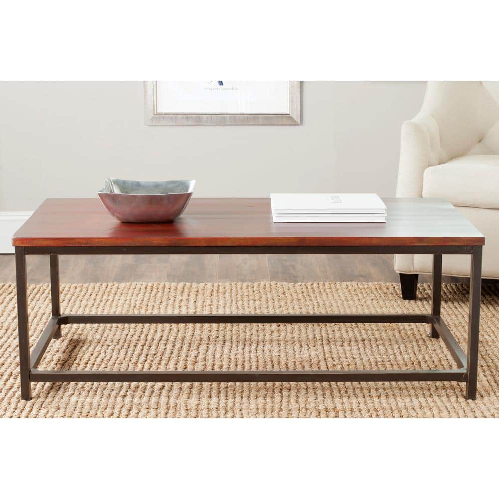 Distressed Maroon Walnut Wood and Metal Rectangular Cocktail Table
