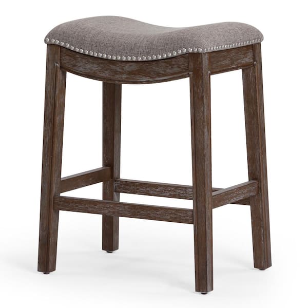 NewRidge Home Goods Saddle 26 in. Dark Weathered Gray Backless Wood Counter Stool with Upholstered Quartz Gray Seat, 1-Stool