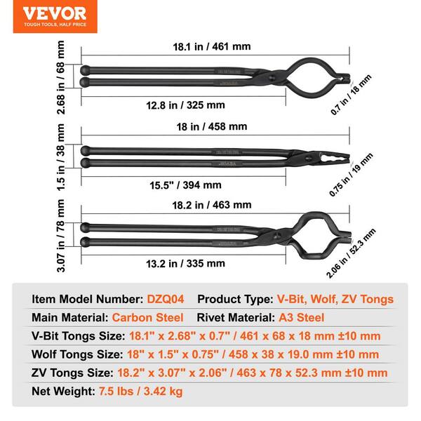 VEVOR Blacksmith Tongs, 18 in. V-Bit Bolt Tongs, Carbon Steel Forge Tongs  with A3 Steel Rivets DZQDPQVBIT18NH62CV0 - The Home Depot