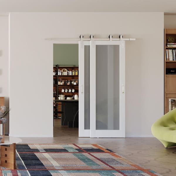 64 in. x 84 in. Frosted Glass White MDF Pre-Assembled Panel Brushed Nickel Bypass Sliding Barn Door with Hardware Kit