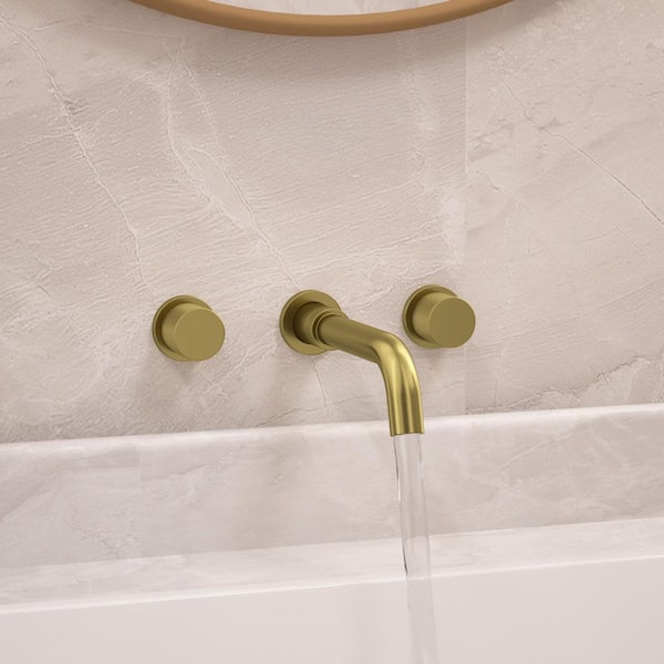 Wall Mount Bathroom Faucet with 2 Handles, Pop-Up Drain, 360° Swivel Spout in Brushed Gold